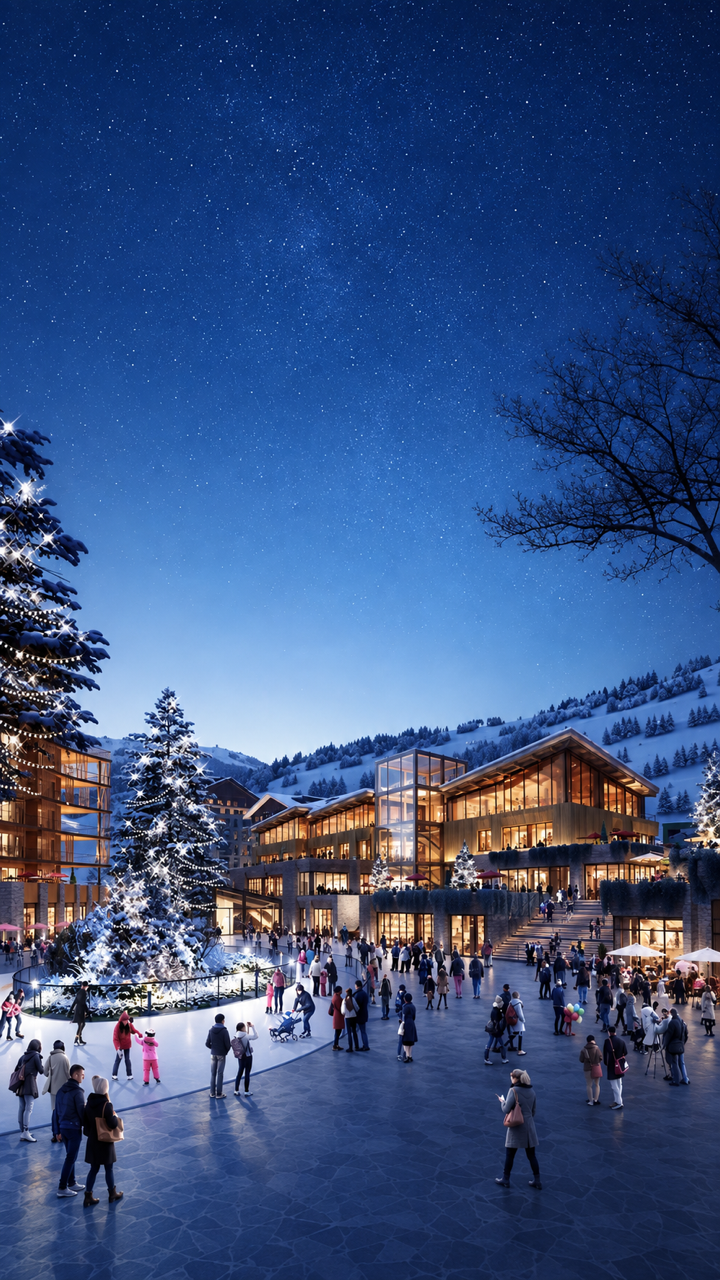 Deer Valley East Village plaza at night with ice rink and lit trees, official rendering